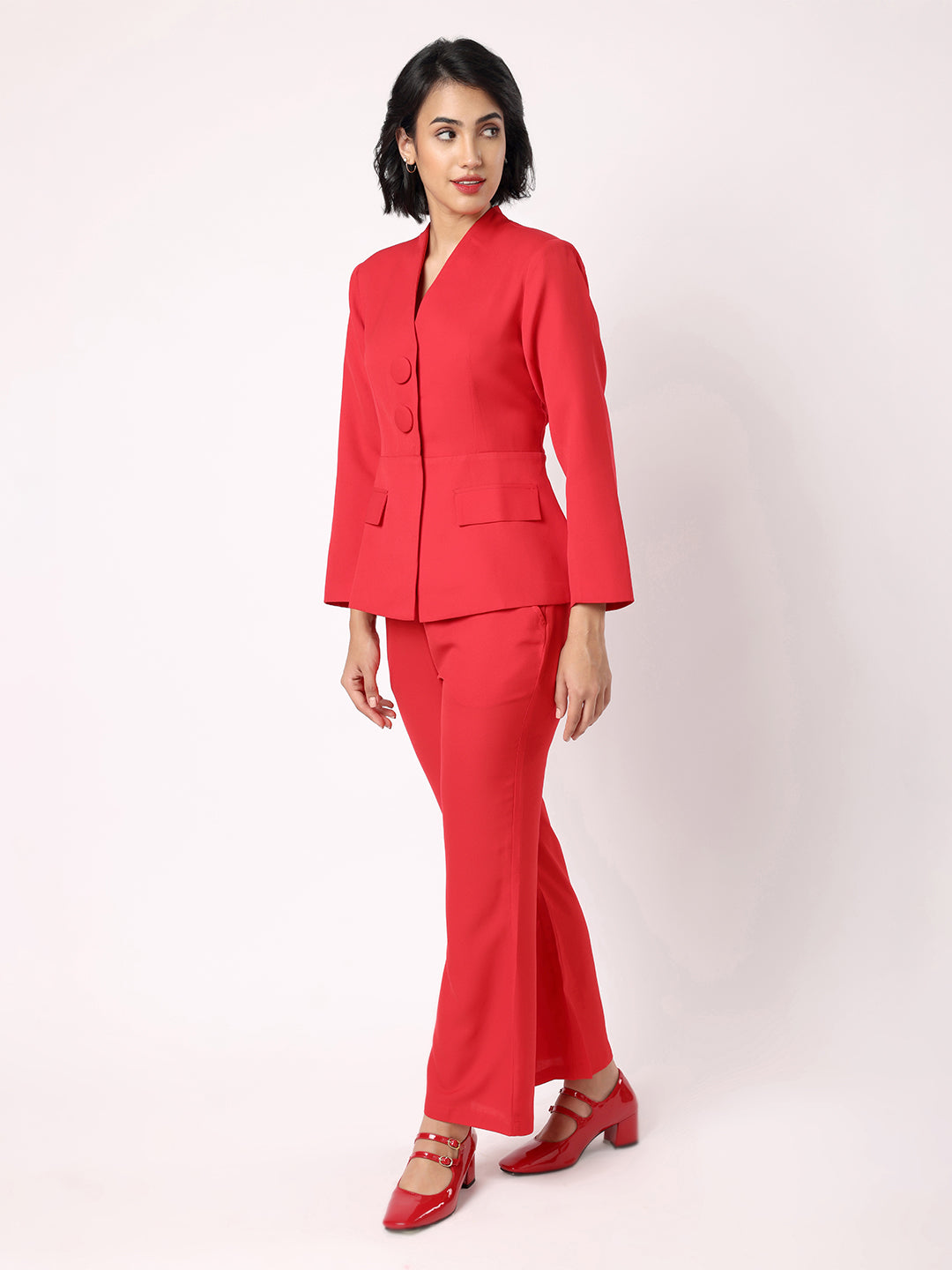 Red Peplum Blazer With Trousers