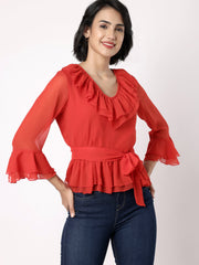 Red Peplum Top With Frill At Neckline