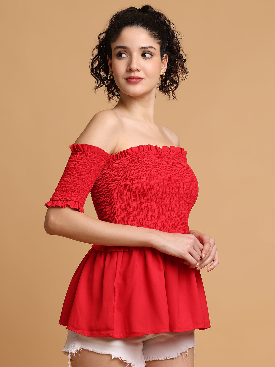 Red Smocking Off-Shoulder Top