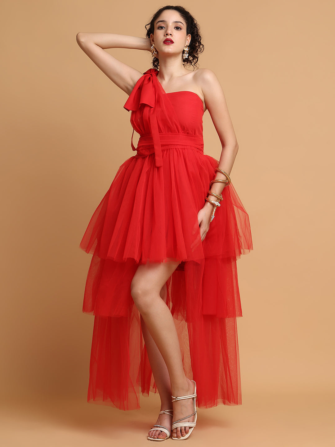 Red Tulle Dress With One Sleeves