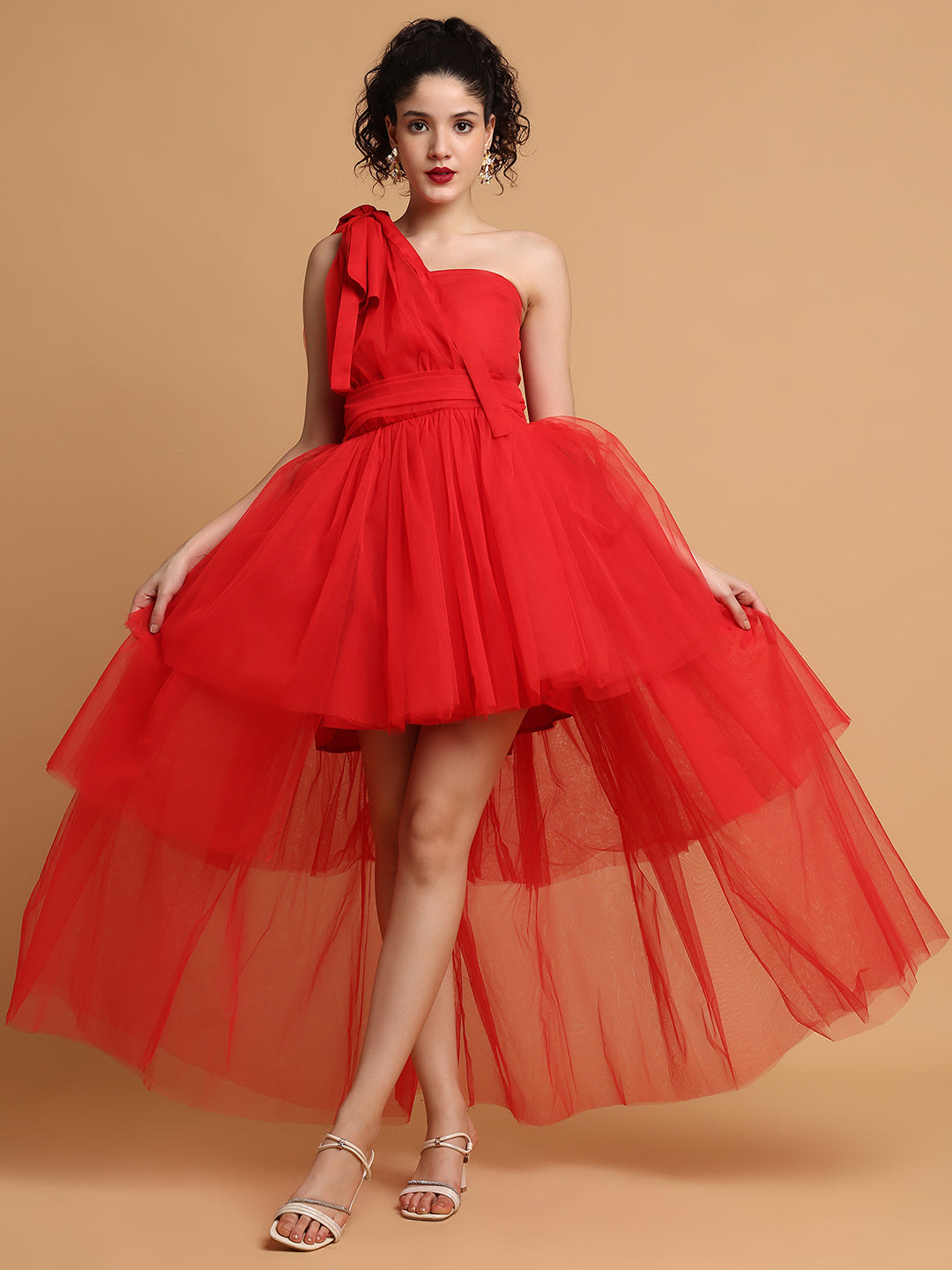Red Tulle Dress With One Sleeves