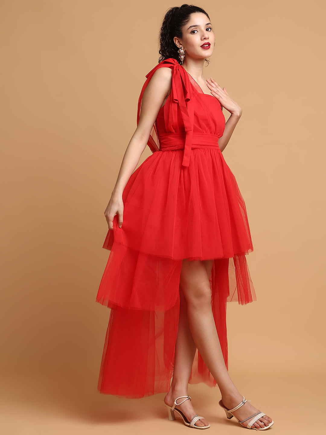 Red Tulle Dress With One Sleeves