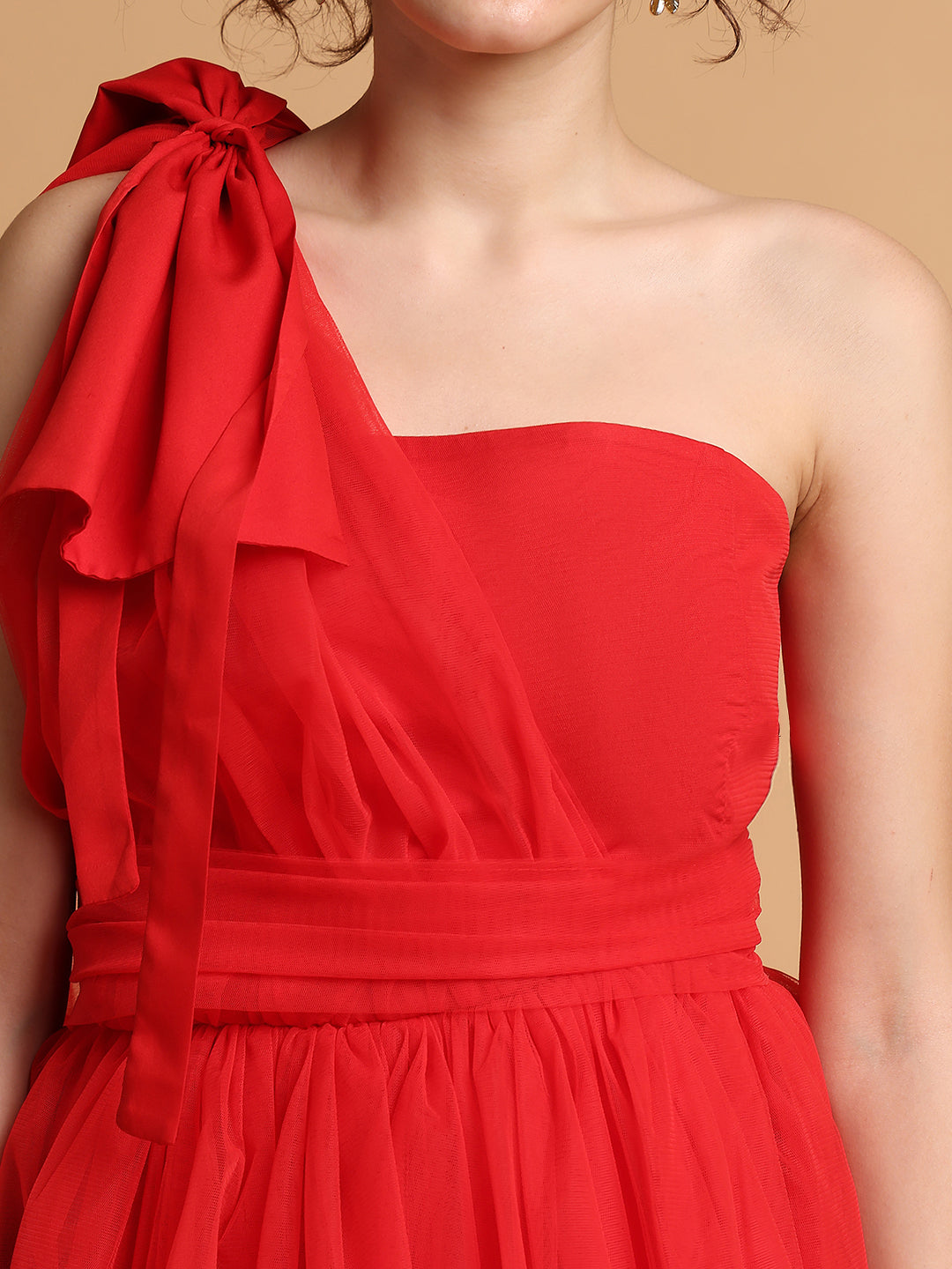 Red Tulle Dress With One Sleeves