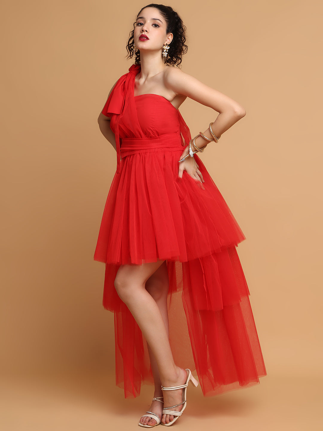 Red Tulle Dress With One Sleeves