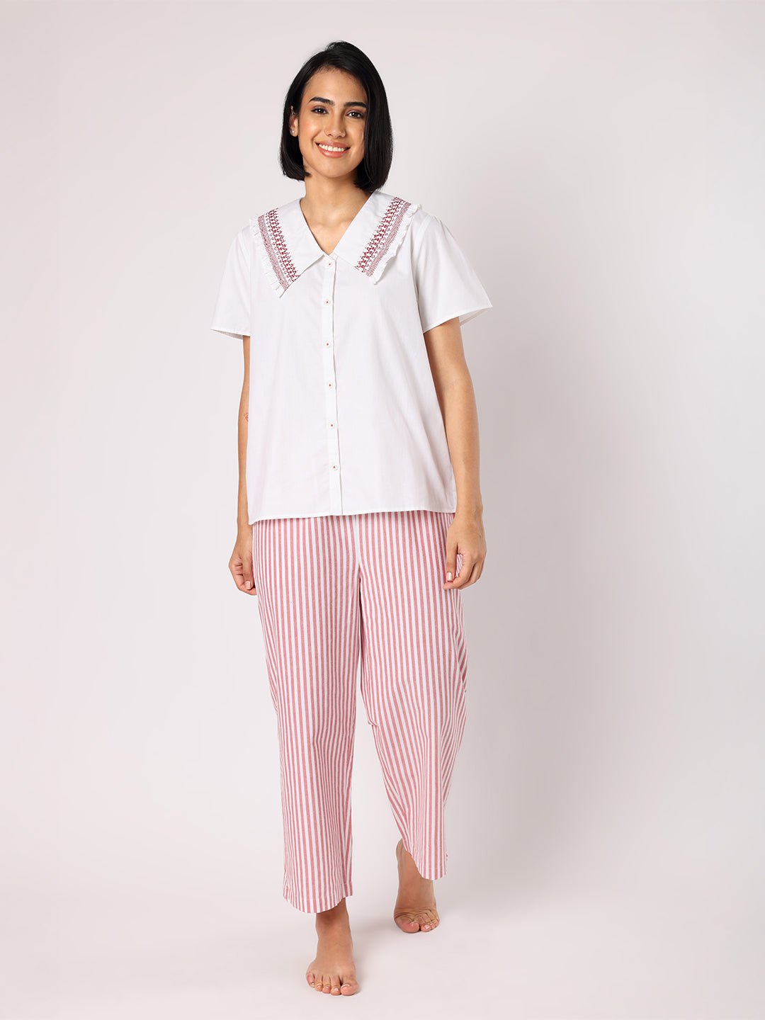 Red & White Stripes Pyjama Set With Smocked Collar White Top