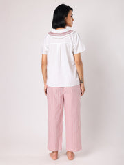 Red & White Stripes Pyjama Set With Smocked Collar White Top