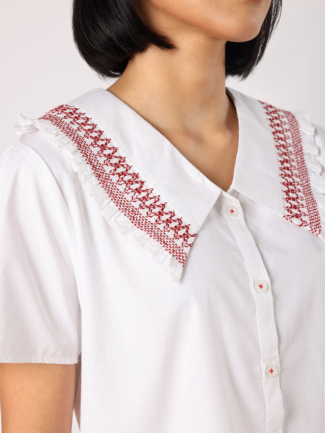 Red & White Stripes Pyjama Set With Smocked Collar White Top