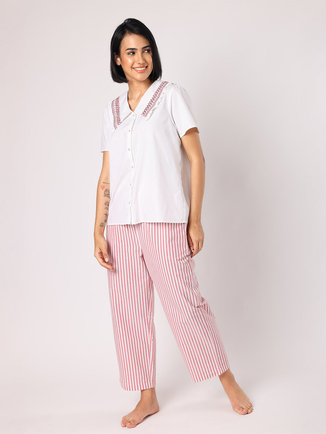 Red & White Stripes Pyjama Set With Smocked Collar White Top