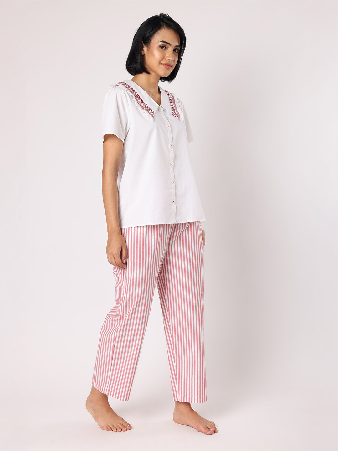 Red & White Stripes Pyjama Set With Smocked Collar White Top