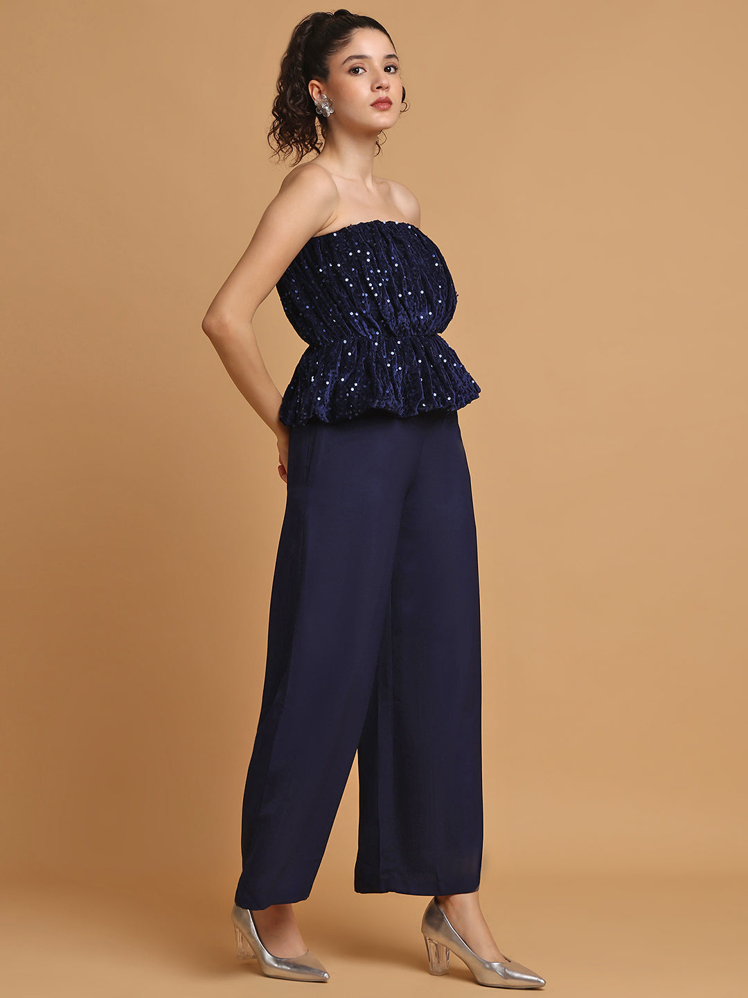 Sequined Off-Shoulder Top With Trousers