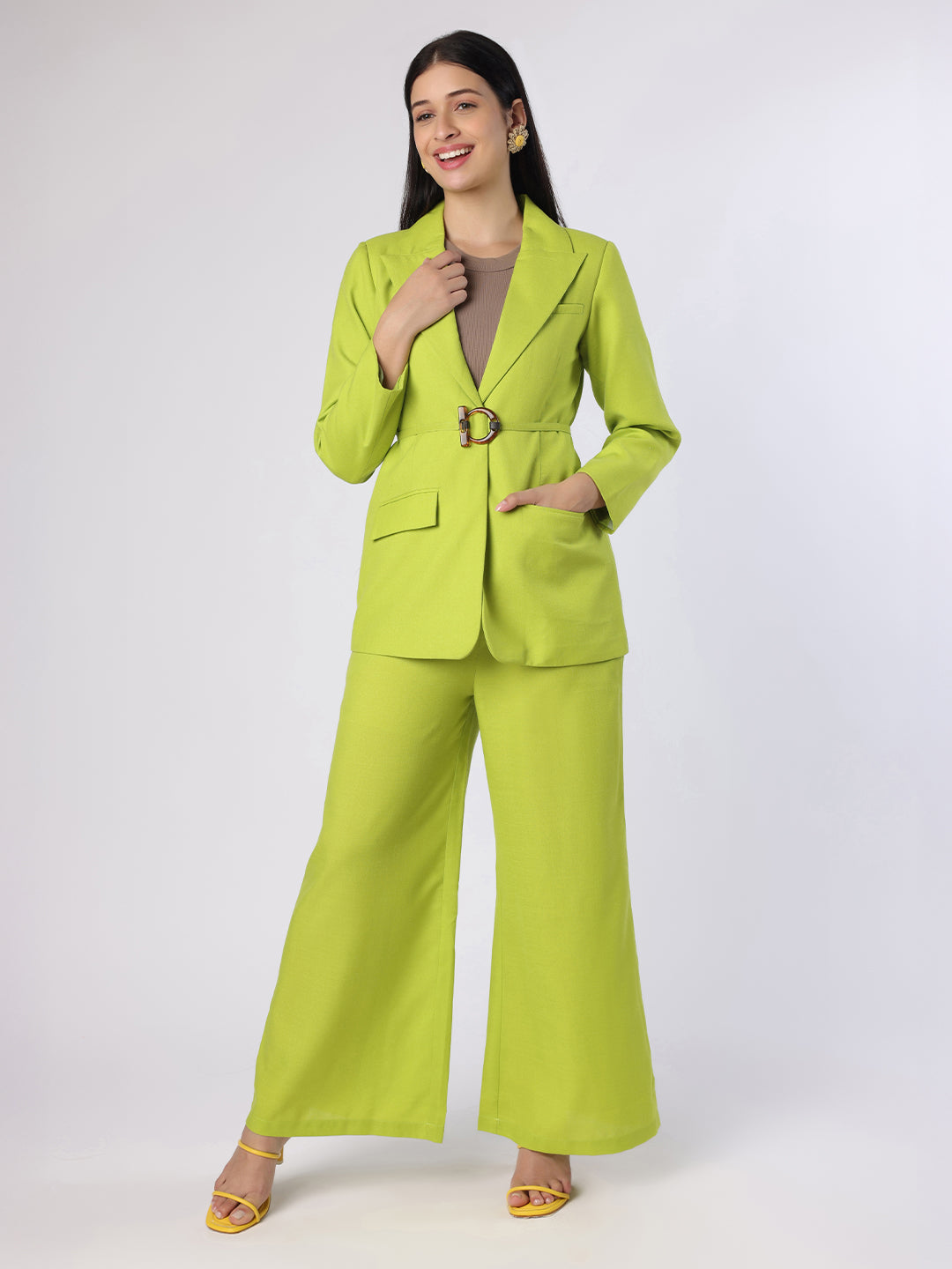 Bright Lime Green Blazer Set with Belt