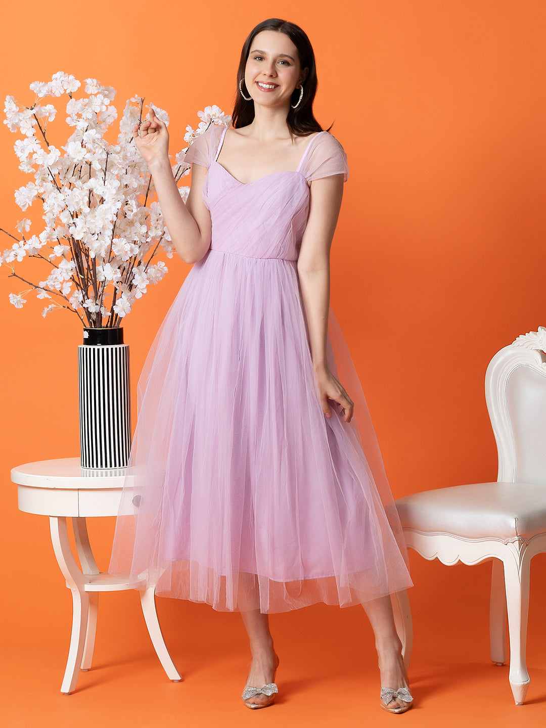 Lilac Mesh Fit & Flare Midi Dress