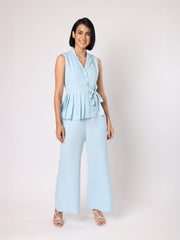 Blue Collar Top With One Side Pleating Co-Ordinated With Trousers