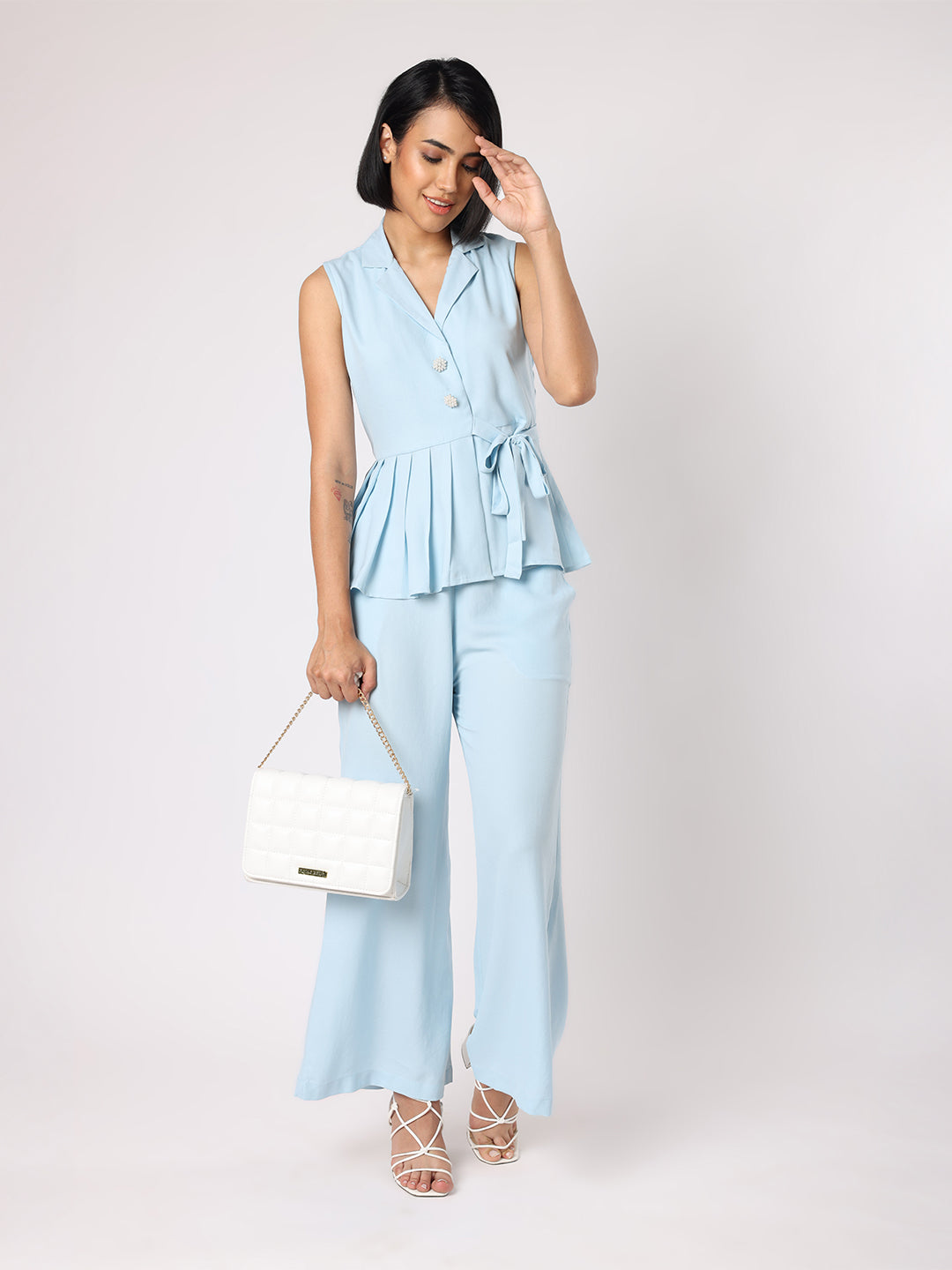 Blue Collar Top With One Side Pleating Co-Ordinated With Trousers