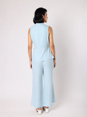 Blue Collar Top With One Side Pleating Co-Ordinated With Trousers