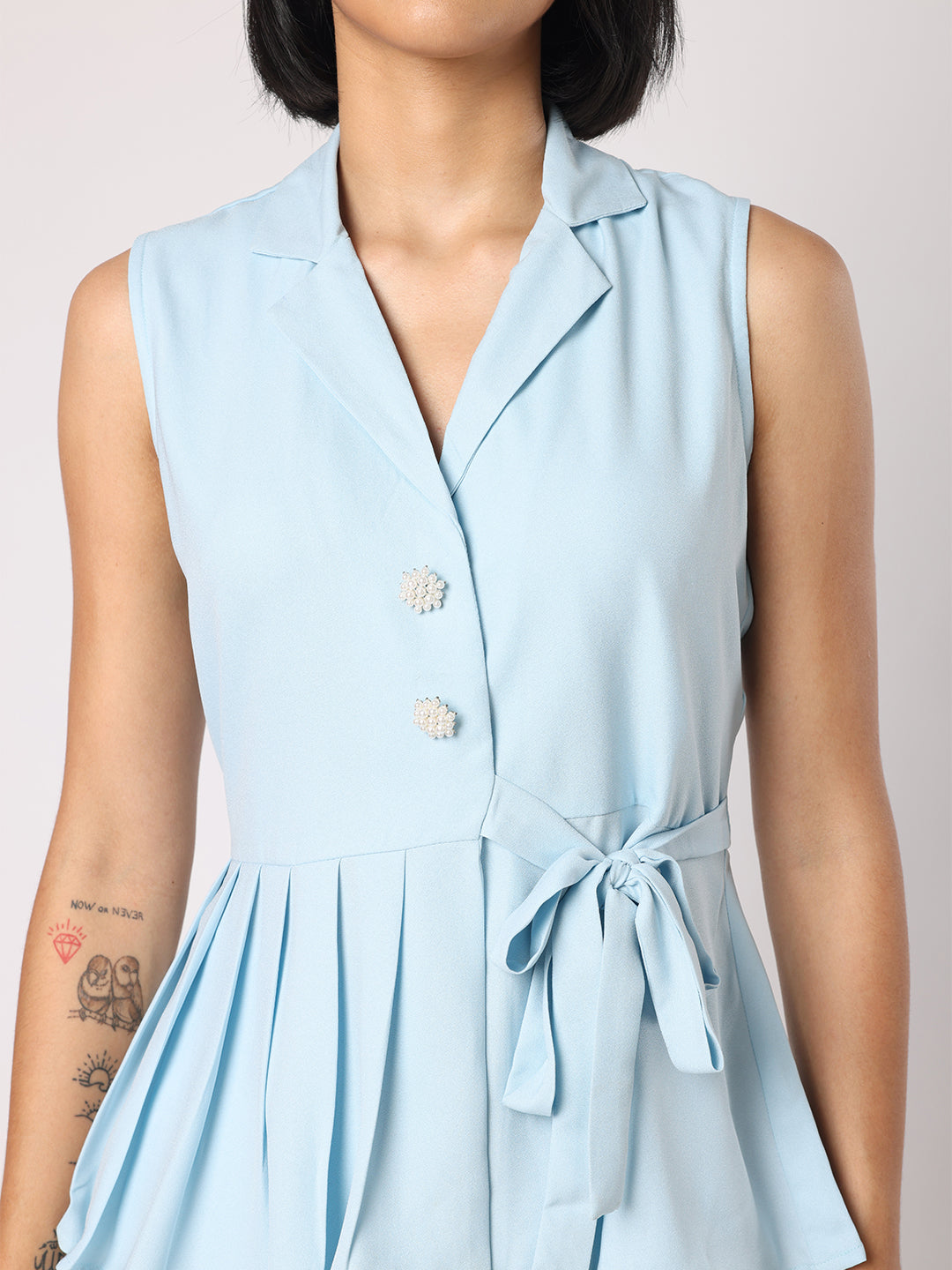 Blue Collar Top With One Side Pleating Co-Ordinated With Trousers