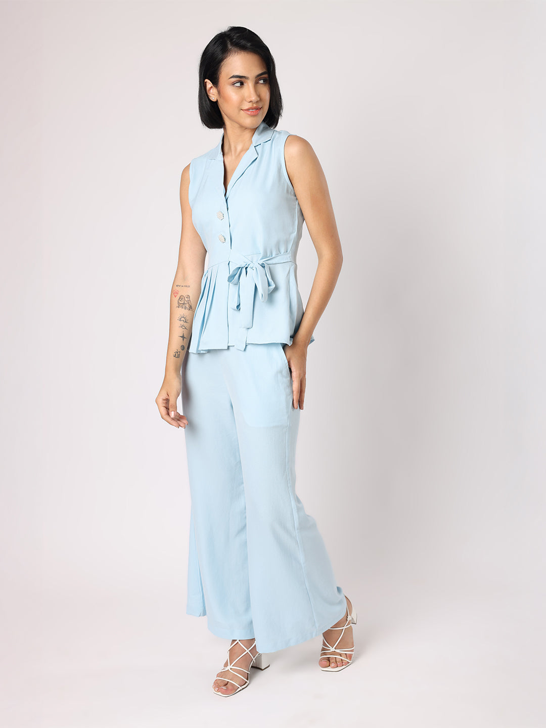 Blue Collar Top With One Side Pleating Co-Ordinated With Trousers