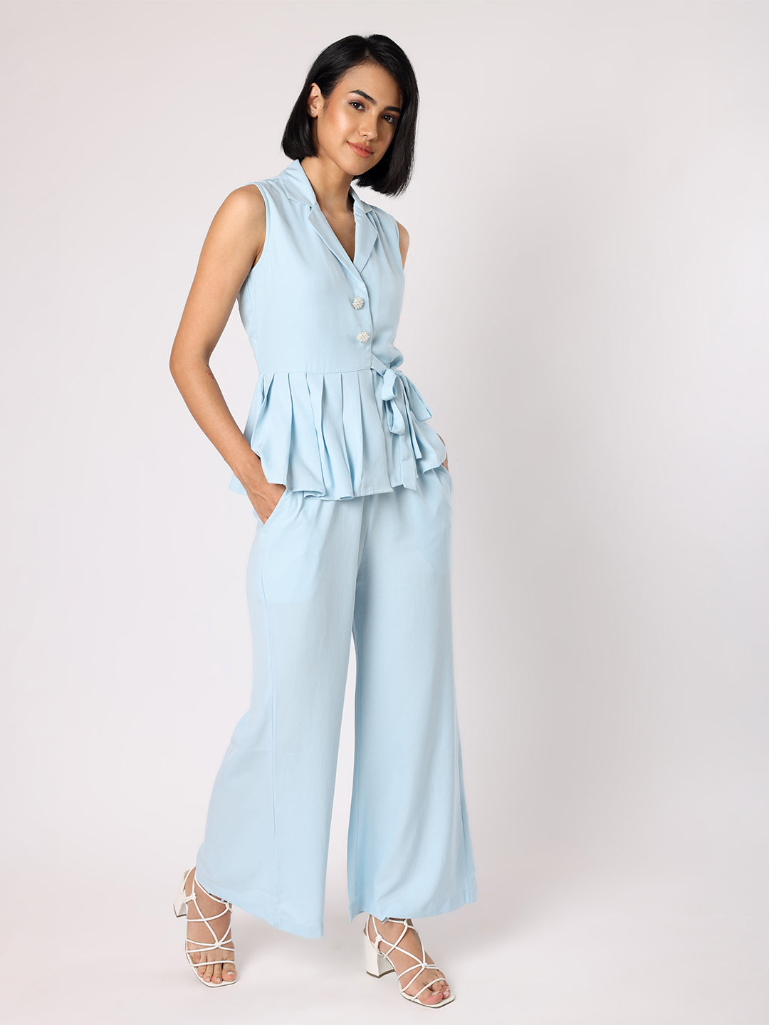 Blue Collar Top With One Side Pleating Co-Ordinated With Trousers