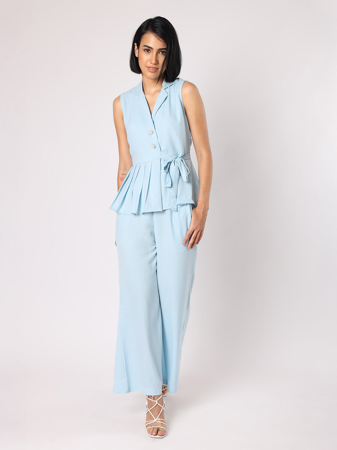 Blue Collar Top With One Side Pleating Co-Ordinated With Trousers