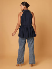 Blue Peplum Shirt With Detail At Collar And Placket