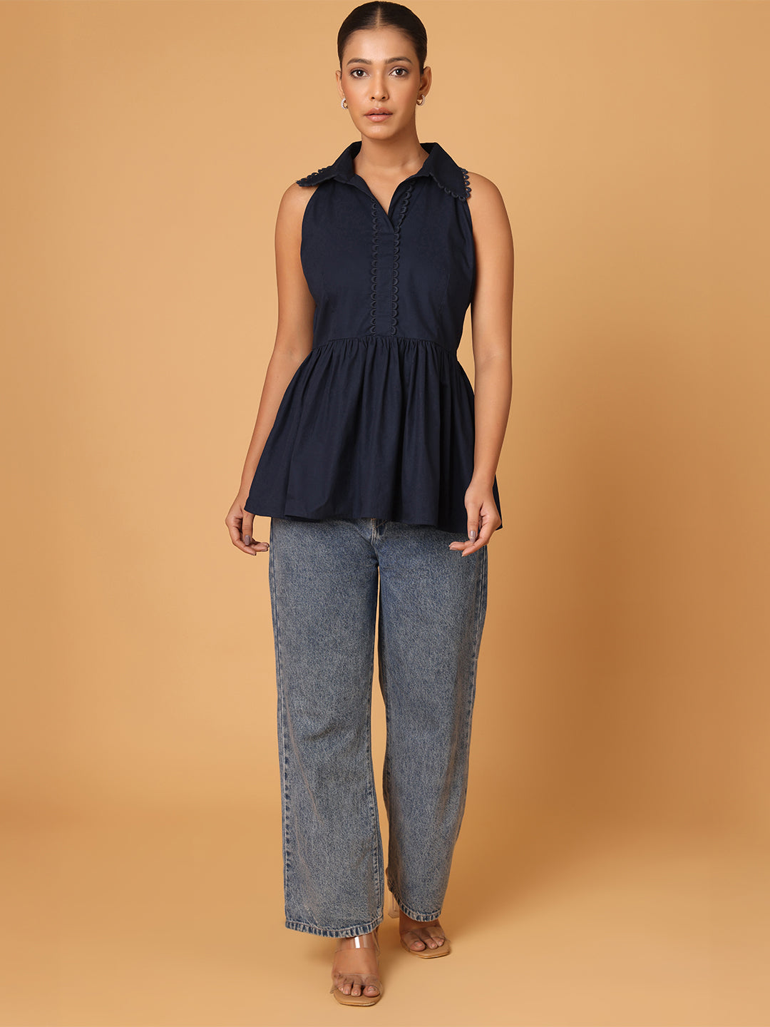 Blue Peplum Shirt With Detail At Collar And Placket