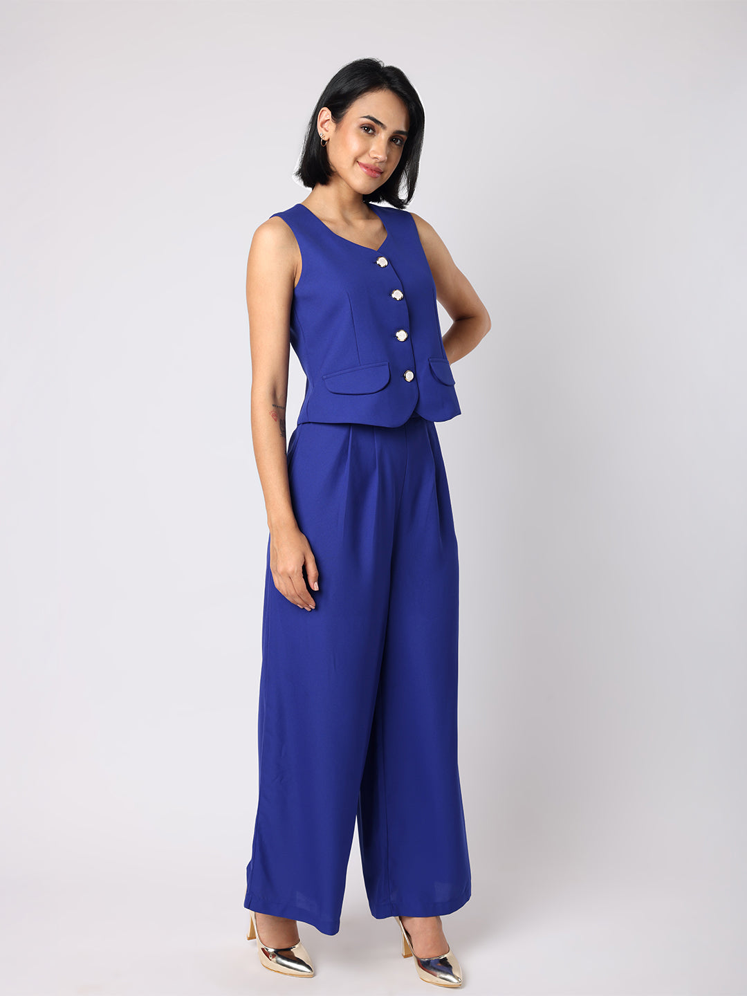 Blue Waist Coat With Front Inverted Pleat Trousers