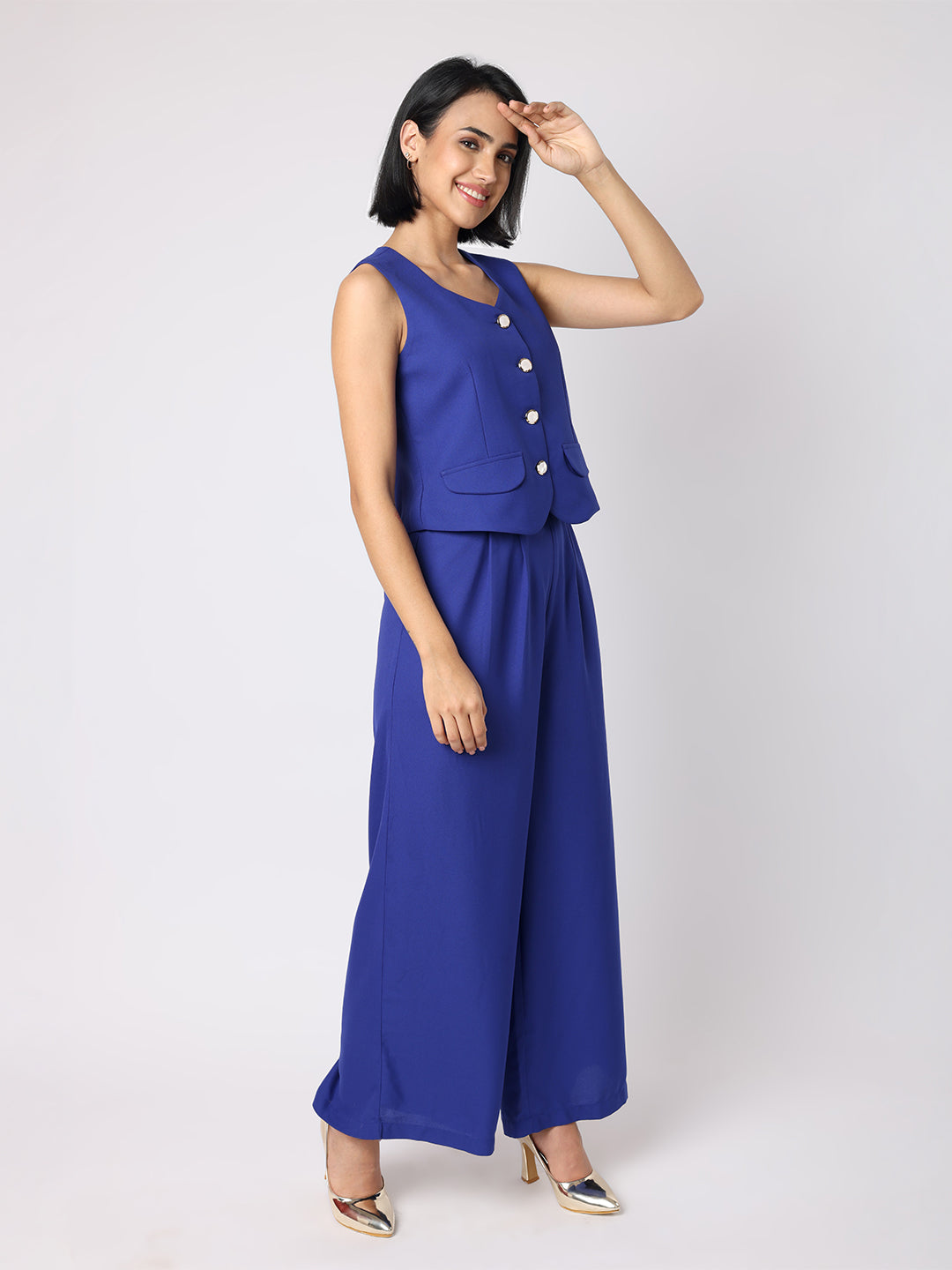 Blue Waist Coat With Front Inverted Pleat Trousers