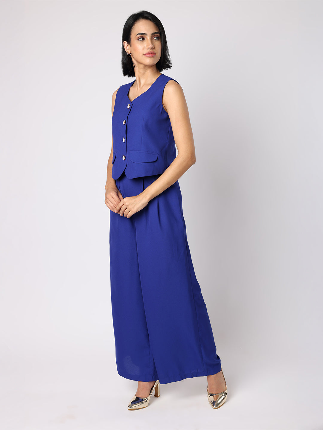 Blue Waist Coat With Front Inverted Pleat Trousers