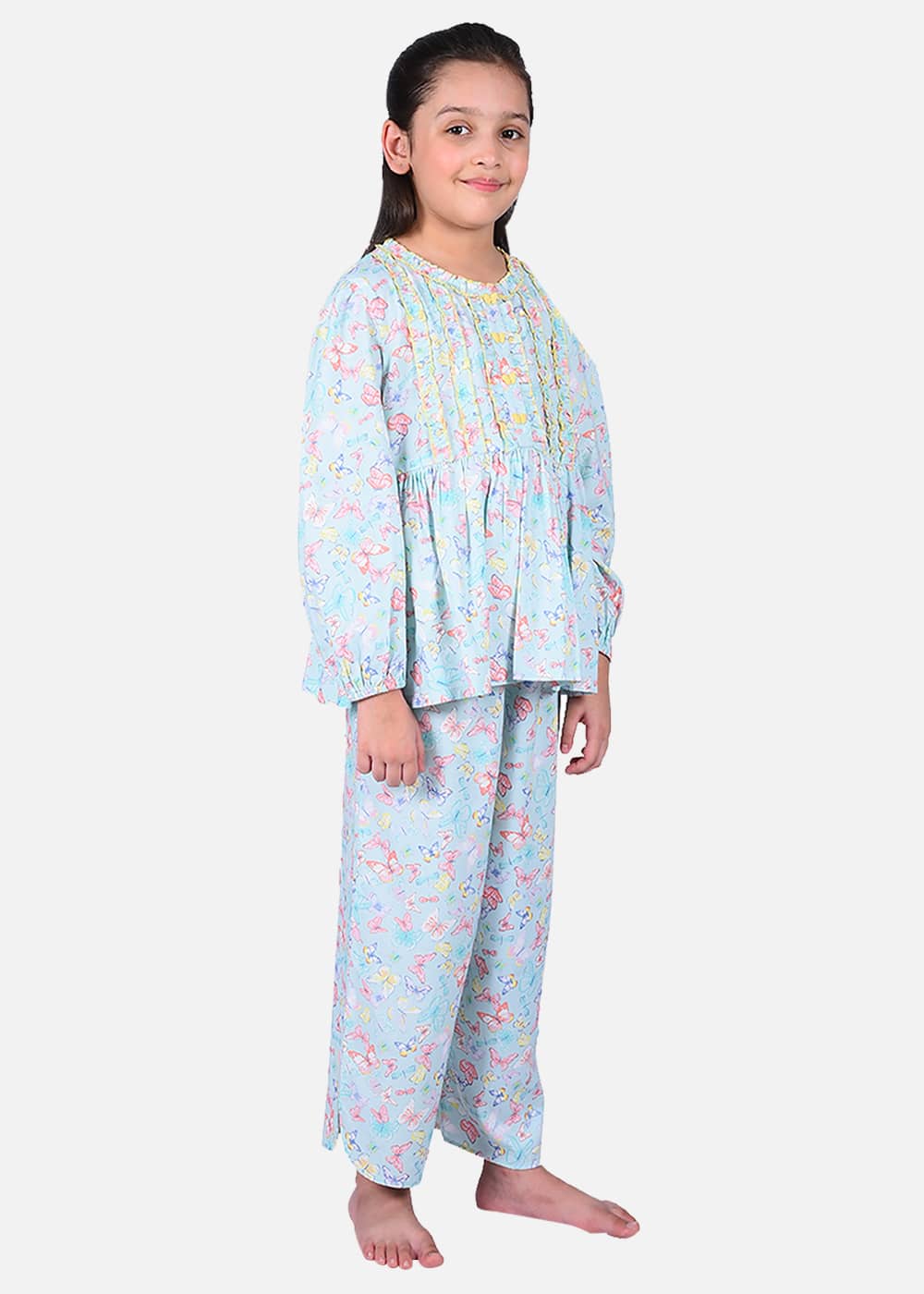 Butterfly Printed Rushed Frilled Nightwear