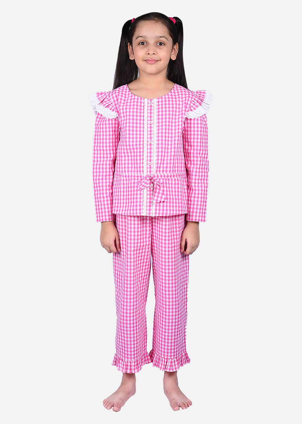 Pink Shoulder Frill Checkered Nightwear