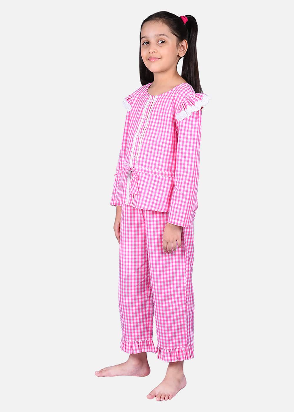 Pink Shoulder Frill Checkered Nightwear