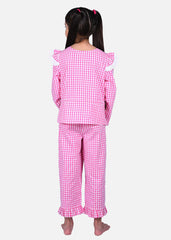 Pink Shoulder Frill Checkered Nightwear