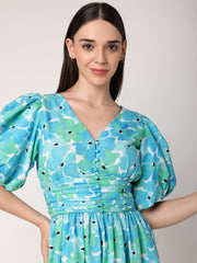 Green & Blue Floral Dress with Ruching at Waist
