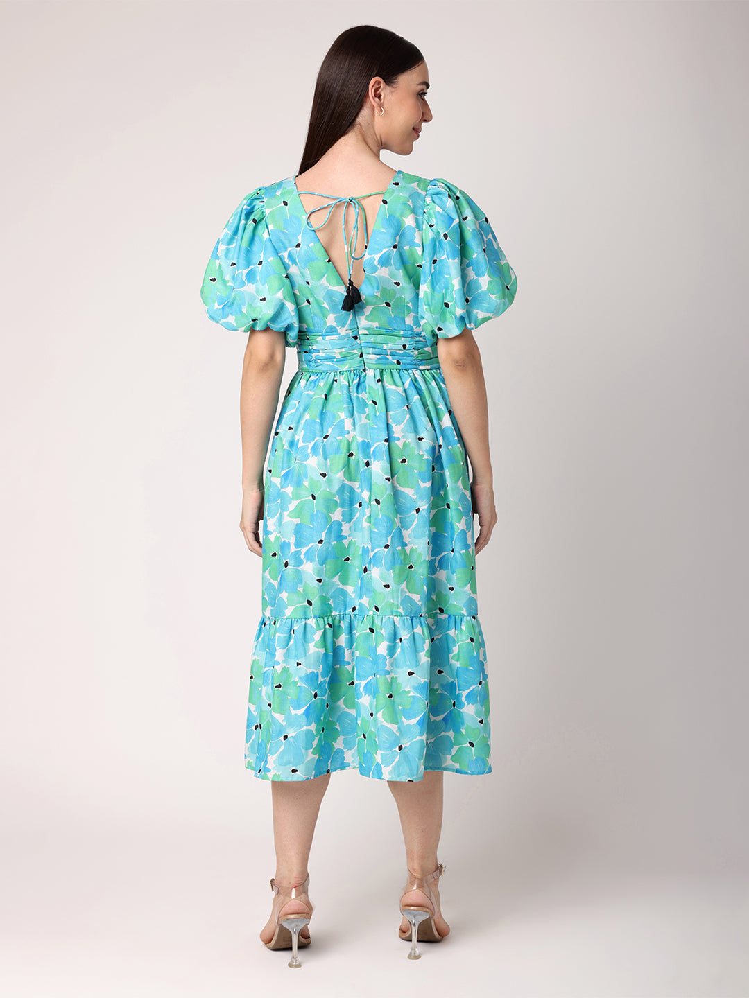Green & Blue Floral Dress with Ruching at Waist