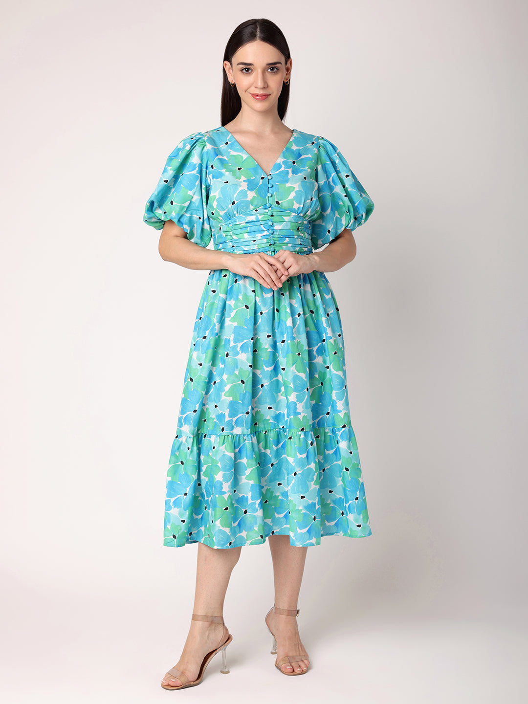 Green & Blue Floral Dress with Ruching at Waist