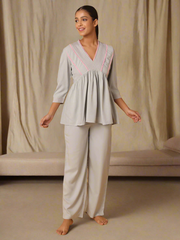 Grey Nightwear With Contrast Pink Lace At Yoke
