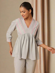 Grey Nightwear With Contrast Pink Lace At Yoke