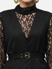 Black Lacy High Neck Top With Waistcoat Tunic