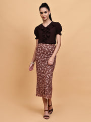 Brown Frill Top with Leaopard Pencil Skirt