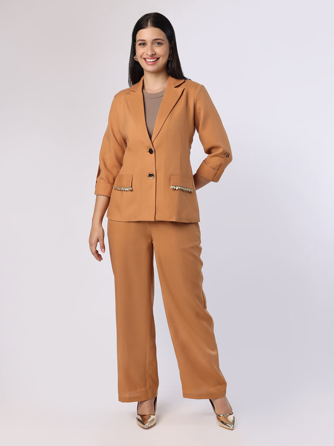 Brown Blazer Set With Trim Detail At Pockets