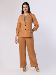 Brown Blazer Set With Trim Detail At Pockets