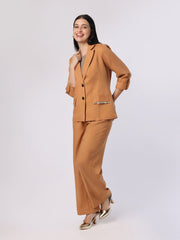 Brown Blazer Set With Trim Detail At Pockets