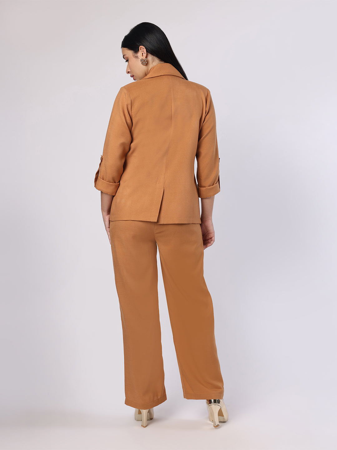 Brown Blazer Set With Trim Detail At Pockets