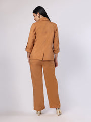 Brown Blazer Set With Trim Detail At Pockets