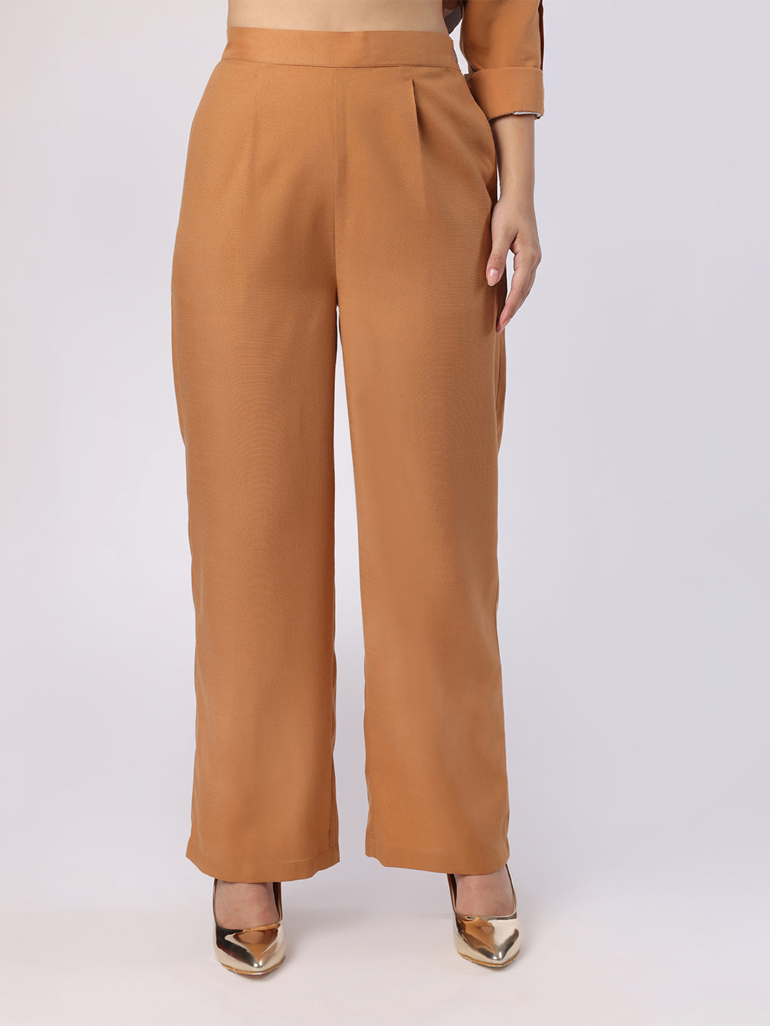 Brown Blazer Set With Trim Detail At Pockets