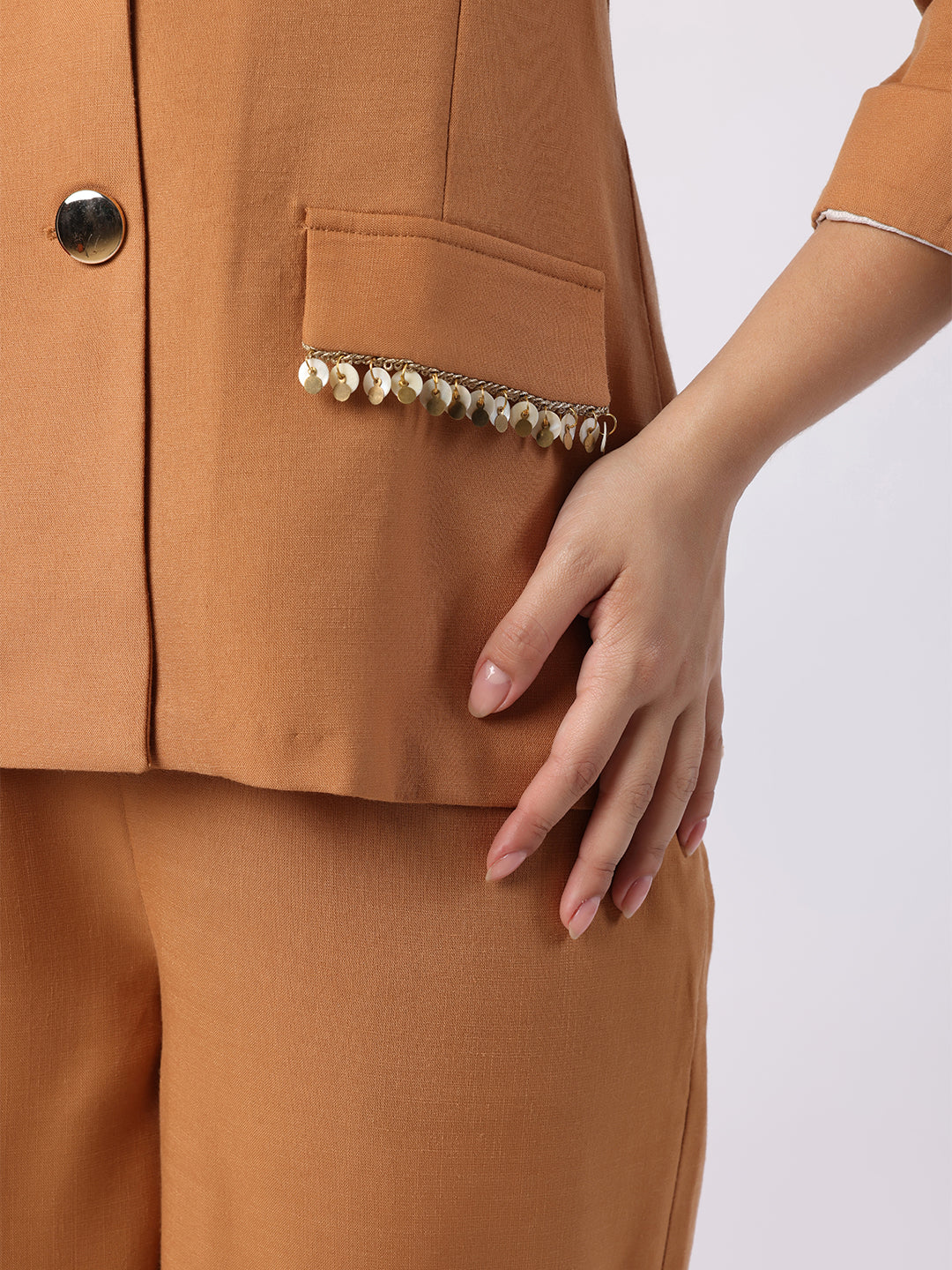 Brown Blazer Set With Trim Detail At Pockets