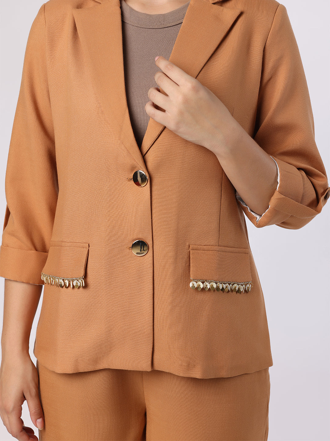 Brown Blazer Set With Trim Detail At Pockets