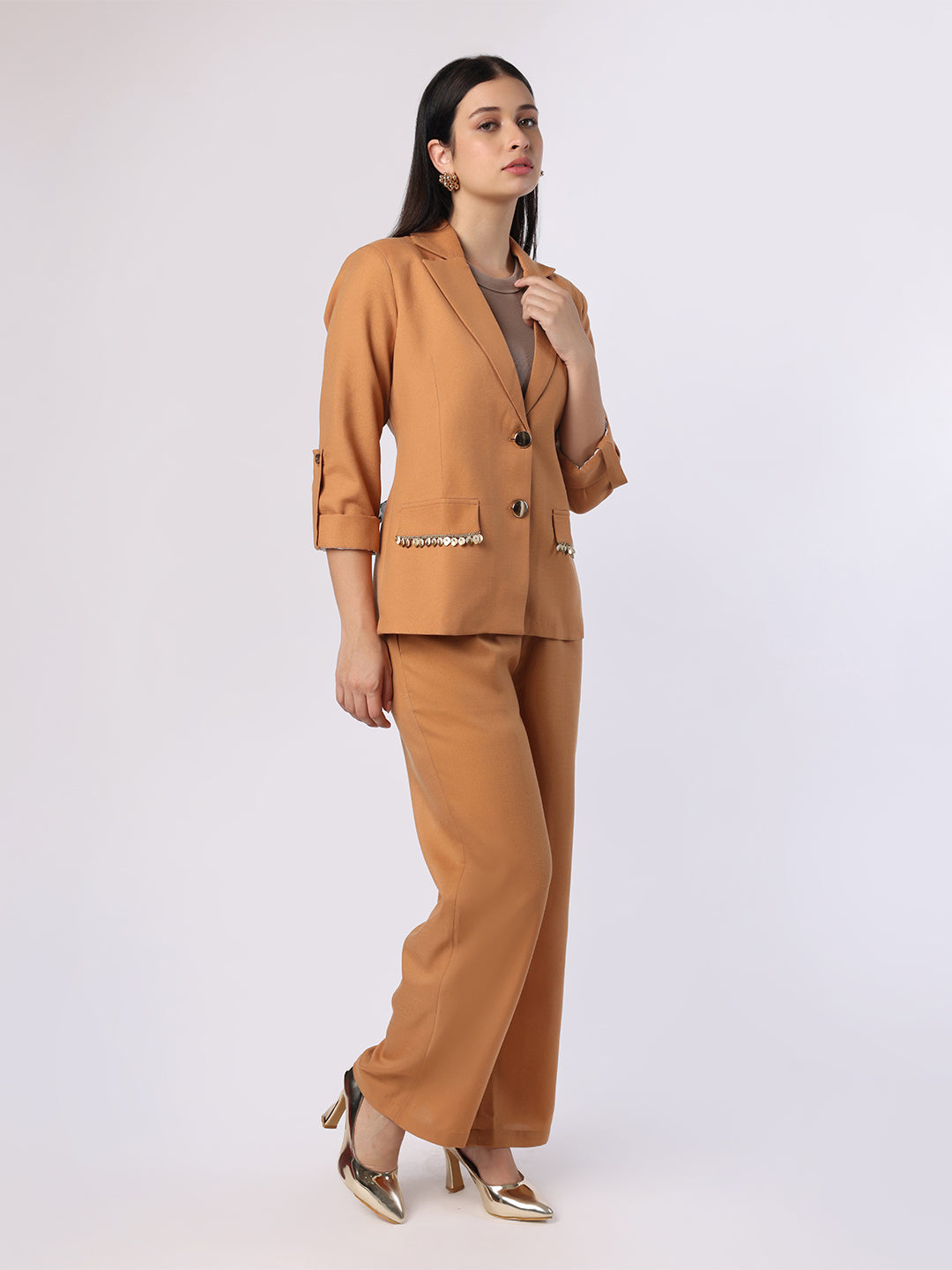 Brown Blazer Set With Trim Detail At Pockets