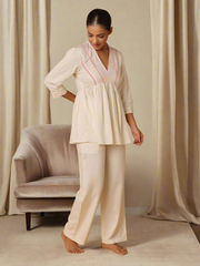 Off-White Nightwear With Contrast Pink Lace At Yoke