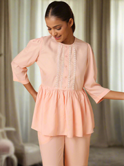 Peach Nightwear With Lace Yoke Detail